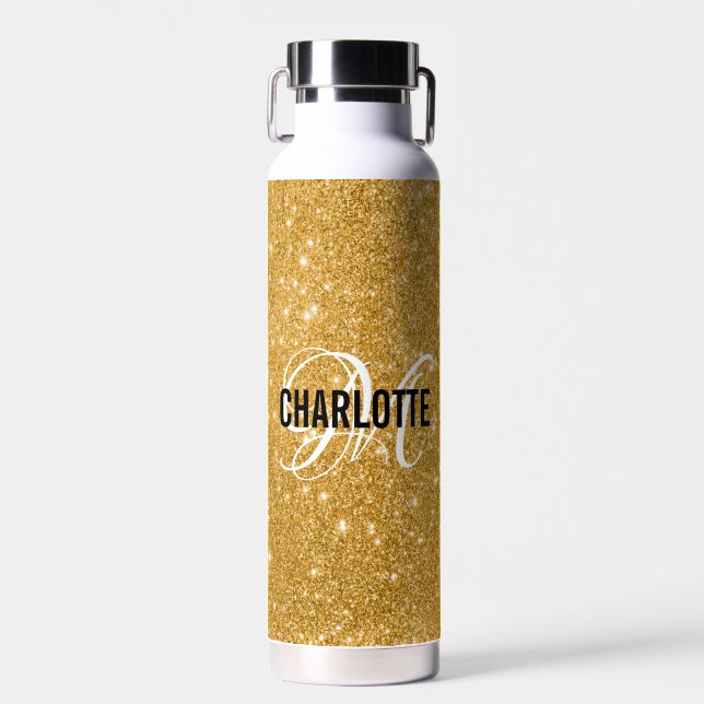 Chic gold glitter monogram name water bottle (Front)