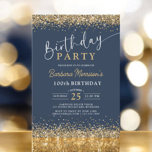 Chic Gold Glitter Navy Blue Birthday Any Age Invitation
