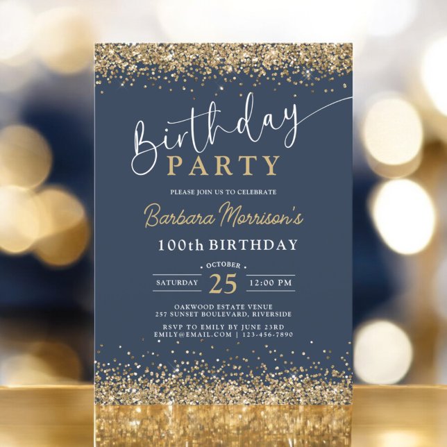 Chic Gold Glitter Navy Blue Birthday Any Age Invitation (Creator Uploaded)