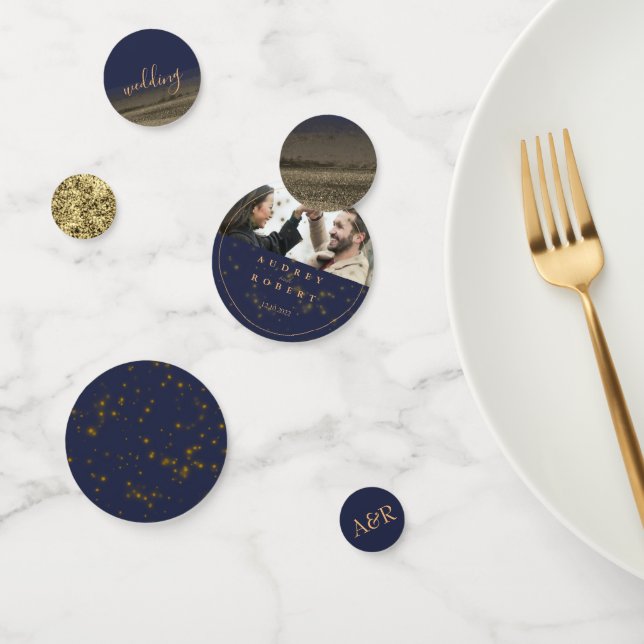 Chic Gold Glitter Navy Blue Photo Wedding Confetti (Group)