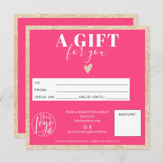 Chic gold glitter neon pink gift certificate logo (Front/Back)