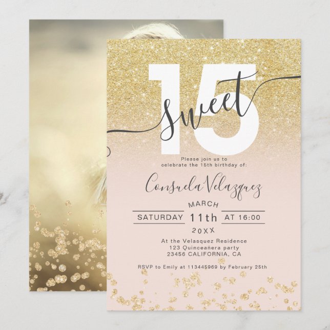 Chic gold glitter ombre blush Quinceanera photo Invitation (Front/Back)