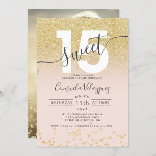 Chic gold glitter ombre blush Quinceanera photo Invitation