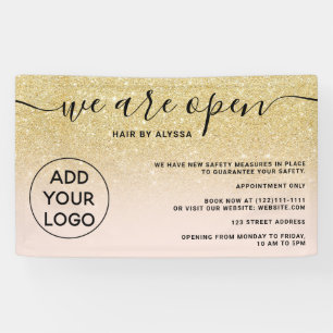 Chic gold glitter ombre logo blush pink We're open Banner