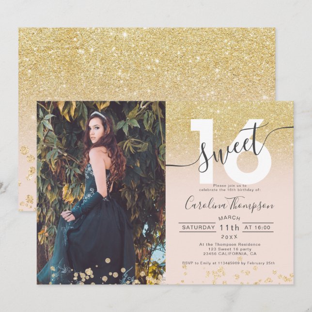 Chic gold glitter ombre photo blush Sweet 16 Invitation (Front/Back)