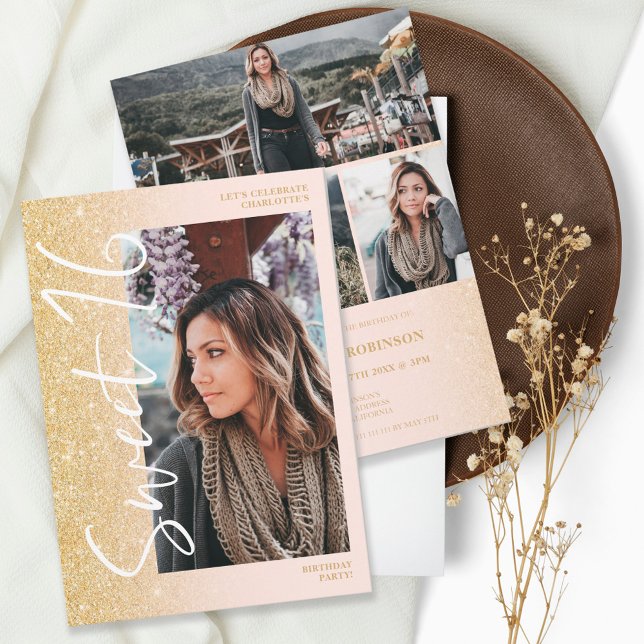 Chic gold glitter ombre script 4 photos Sweet 16 Invitation (Creator Uploaded)