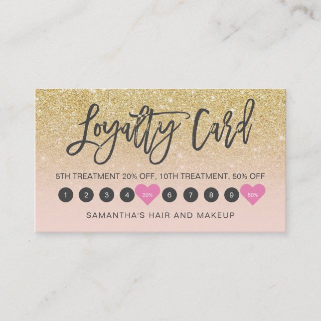 Chic gold glitter ombre script makeup pink 10 loyalty card (Front)