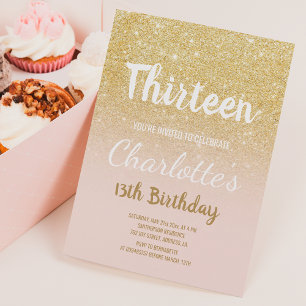 Chic gold glitter ombre script thirteen Birthday Invitation