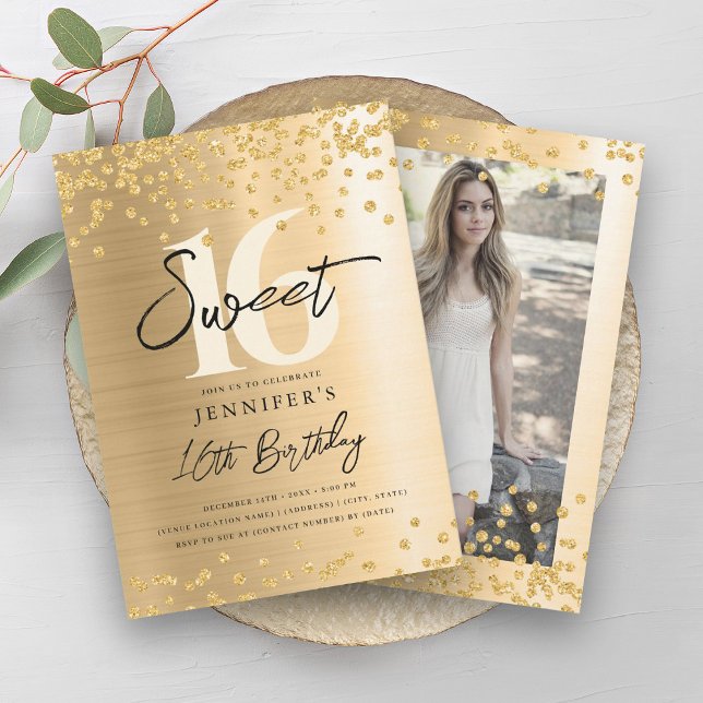Chic Gold Glitter Photo Sweet 16 Party Invitation (Chic Gold Glitter Photo Sweet 16 Party Invitation)