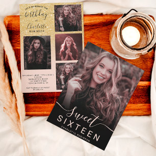 Chic gold glitter pink ombre 5 photos sweet 16 invitation