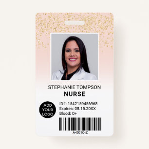 Chic gold glitter pink ombre nurse photo logo code ID badge