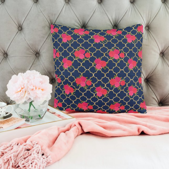 Chic Gold Glitter Quatrefoil Pink Floral Pink Blue Cushion (Creator Uploaded)
