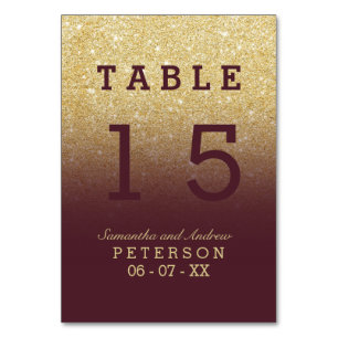 Chic gold glitter red burgundy ombre wedding table table number