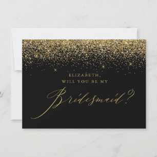 Chic Gold Glitter Script Black Bridesmaid Invitation