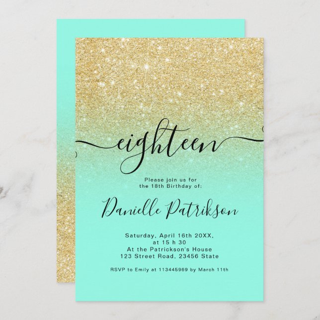 Chic gold glitter sparkles mint ombre eighteen invitation (Front/Back)
