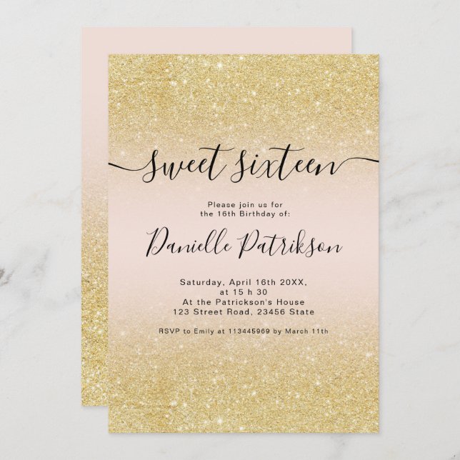 Chic gold glitter sparkles pink ombre sweet 16 invitation (Front/Back)