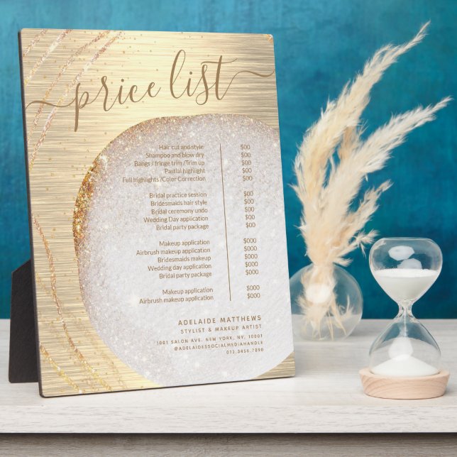 Chic Gold Glitter Stylist Salon Price List Menu Plaque (Side)