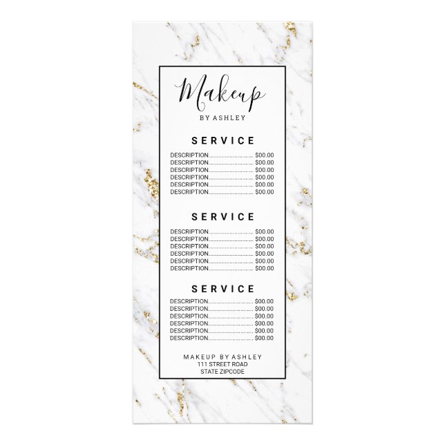 Chic gold glitter white marble elegant pattern rack card (Front)