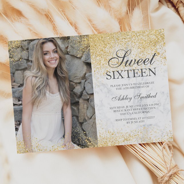 Chic gold glitter white marble photo Sweet 16 Invitation (Creator Uploaded)