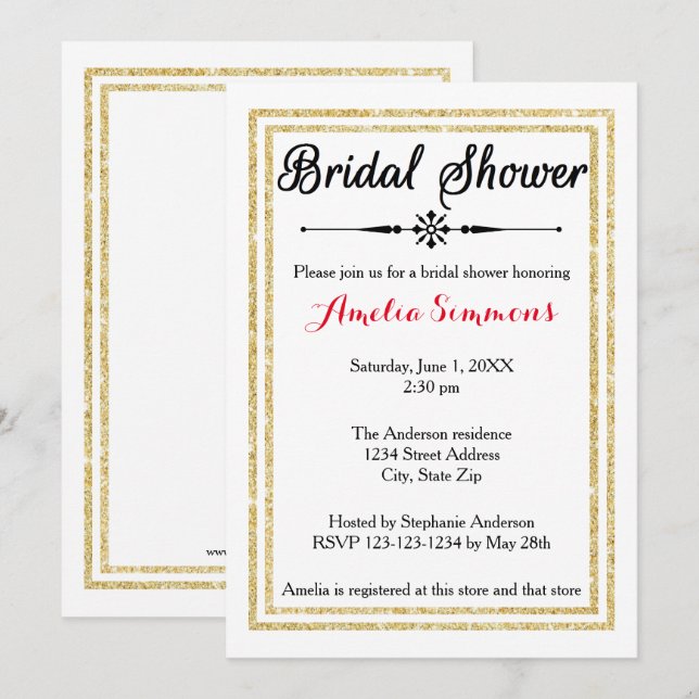Chic Gold Glittered Trim -Bridal Shower Invitation (Front/Back)