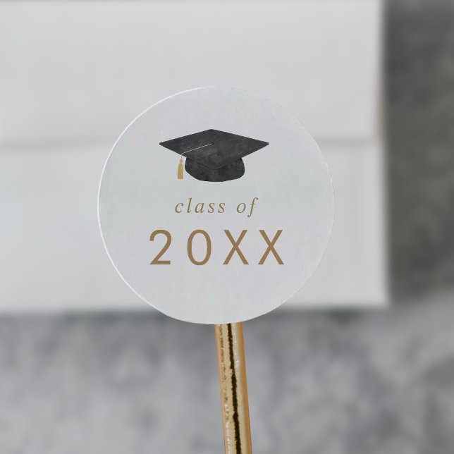 Chic Gold Grad Cap Class Year Graduation Classic Round Sticker (Creator Uploaded)