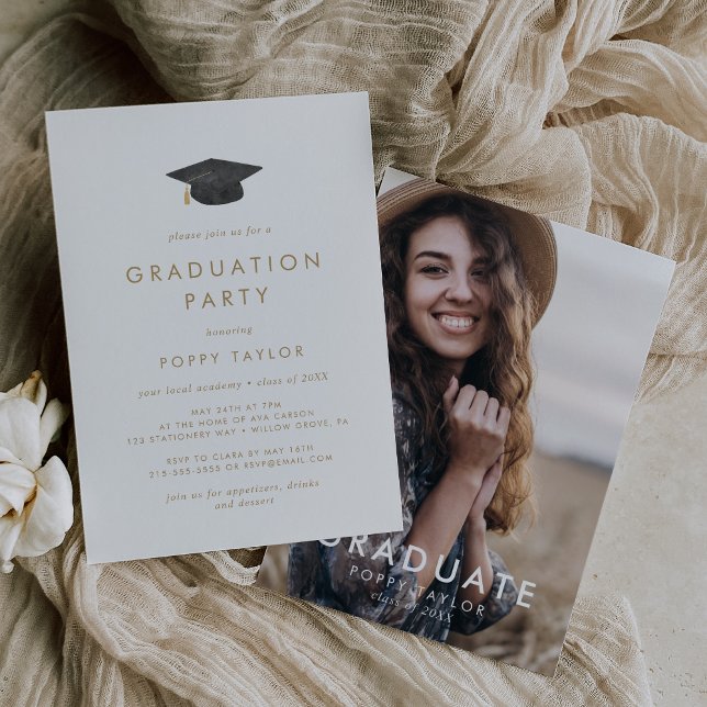 Chic Gold Grad Cap Photo Graduation Party Invitation (Creator Uploaded)