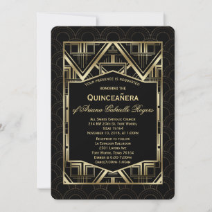 Chic Gold Great Gatsby Art Deco Style Quinceañera Invitation