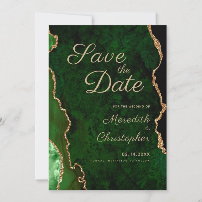 Chic Gold Green Agate Wedding Save the Date (Front)