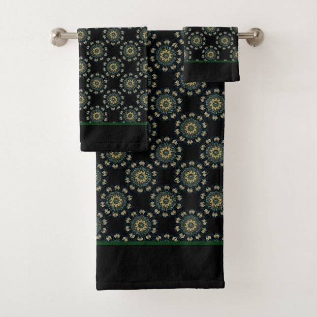 Chic Gold & Green Asian Style Pattern 2 Bath Towel Set (Insitu)
