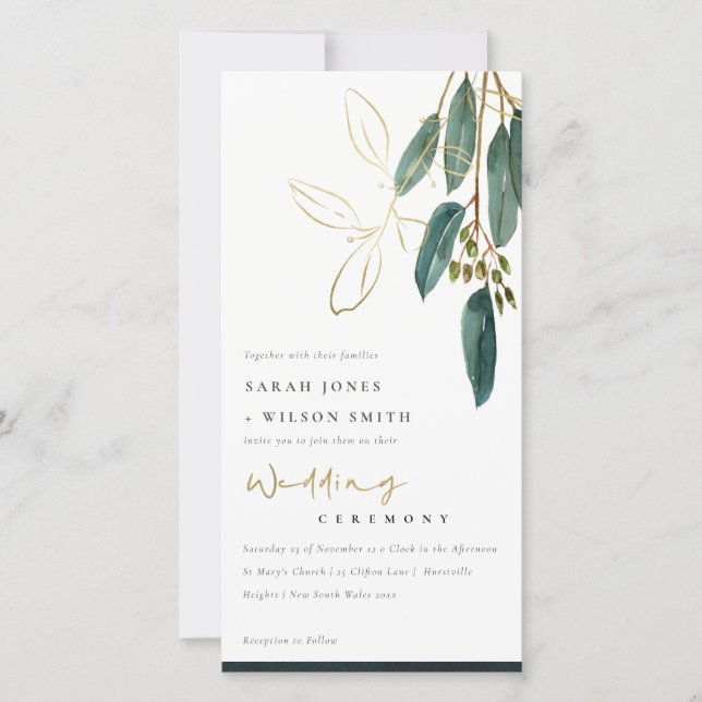 CHIC GOLD GREEN EUCALYPTUS FOLIAGE WEDDING INVITE (Front)