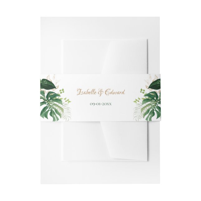 Chic Gold & Green Tropical Monstera Leaves Wedding Invitation Belly Band (Front Example)