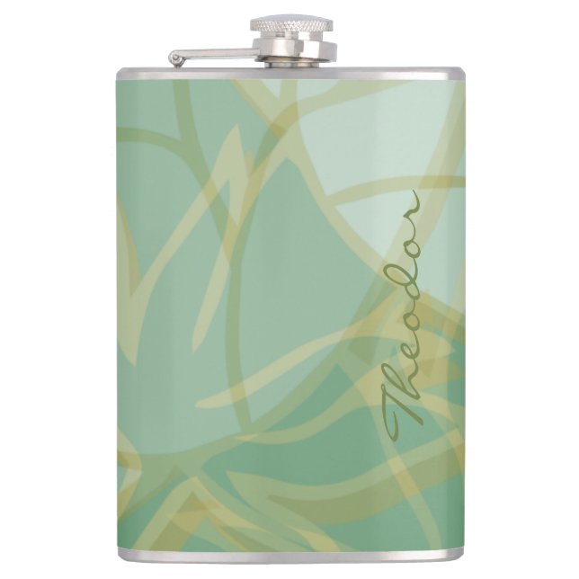 Chic Gold Green White Abstract Hip Flask (Front)