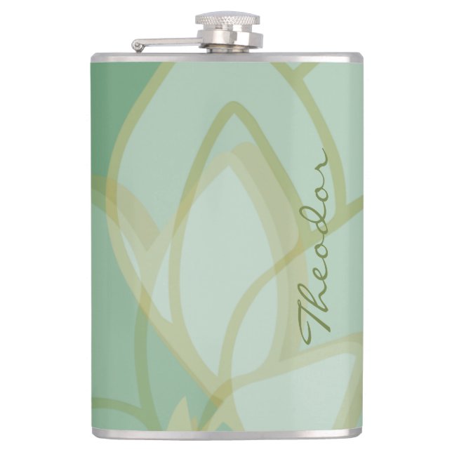 Chic Gold Green White Abstract Pattern Hip Flask (Front)