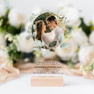Chic Gold Greenery Eucalyptus Photo Wedding Arch Acrylic Invitations