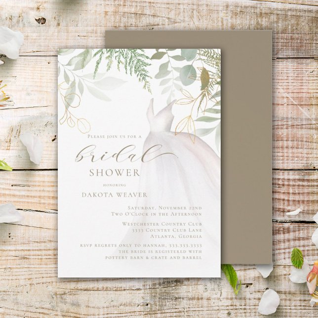 Chic Gold Greenery Wedding Dress Bridal Shower Invitation (Creator Uploaded)