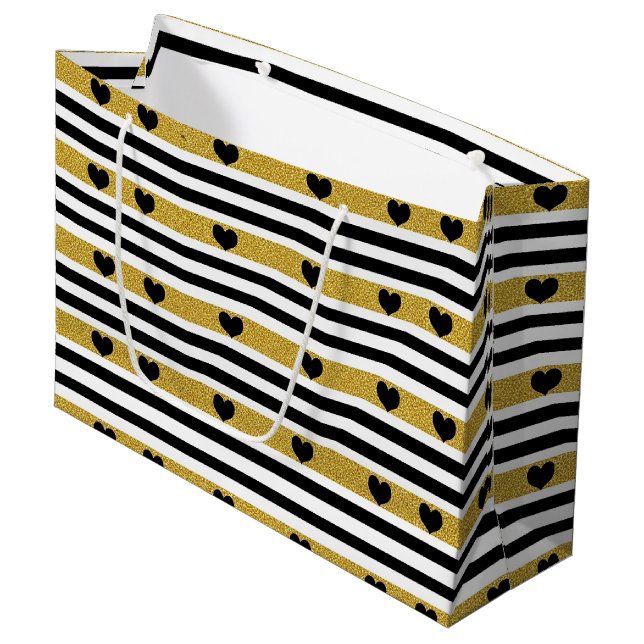 Chic Gold Heart Monochrome Pattern Large Gift Bag (Front Angled)