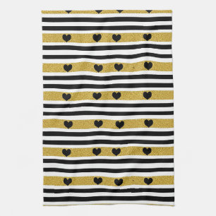 Chic Gold Heart Monochrome Pattern Tea Towel