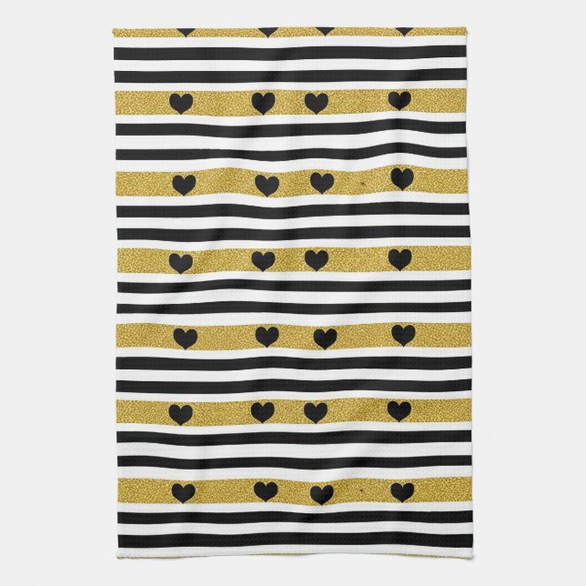 Chic Gold Heart Monochrome Pattern Tea Towel (Vertical)