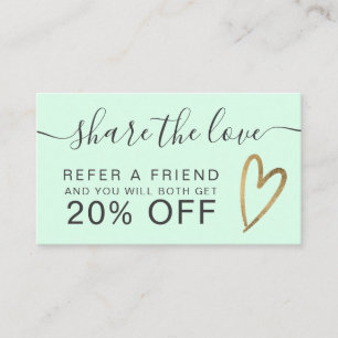 Chic gold heart script mint green share the love referral card