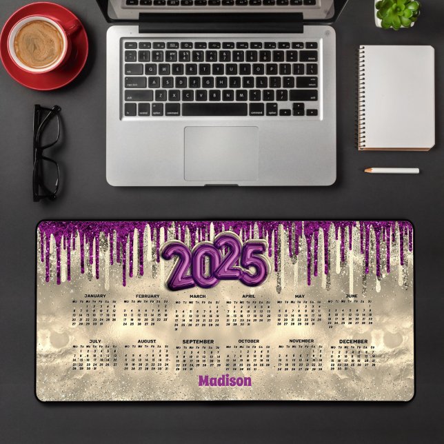 Chic gold hot pink drips monogram 2025 calendar  desk mat (Creator Uploaded)
