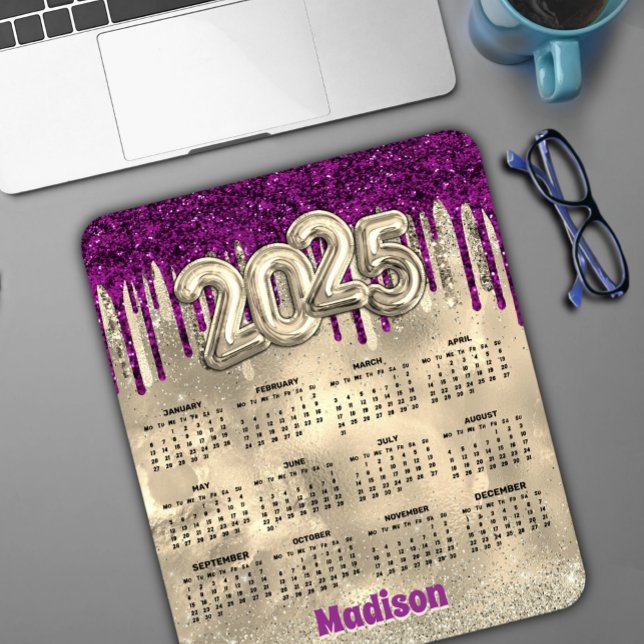 Chic gold hot pink drips monogram 2025 calendar  mouse pad (Creator Uploaded)
