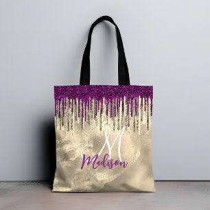Chic gold, hot pink purple glitter drips monogram tote bag