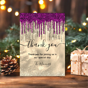 Chic gold hot pink purple glitter drips thank you card