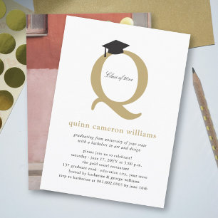 Chic Gold Initial 'Q' Graduation Cap Senior Party Invitation