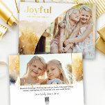 Chic Gold Joyful Script w/Curved Photo<br><div class="desc">Chic,  modern holiday design featuring sleek custom "Joyful" script in gold foil with unique curved photo template and subtle gold watercolor style winter landscape. Back features additional photo template and text fields.</div>