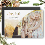 Chic Gold Joyful Script w/Curved Photo<br><div class="desc">Chic,  modern holiday design featuring sleek custom "Joyful" script in gold gradient style with unique curved photo template and subtle gold watercolor style winter landscape.</div>