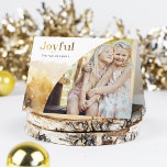 Chic Gold Joyful Script w/Curved Photo  Holiday Card<br><div class="desc">Chic,  modern holiday design featuring sleek custom "Joyful" script in gold gradient style with unique curved photo template and subtle gold watercolor style winter landscape.</div>