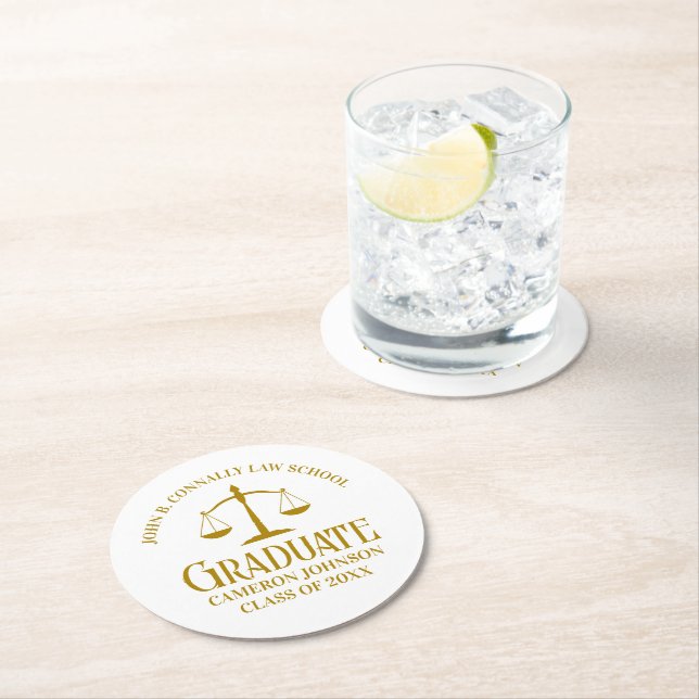 Chic Gold Law School Custom Graduation Party Round Paper Coaster (Insitu)