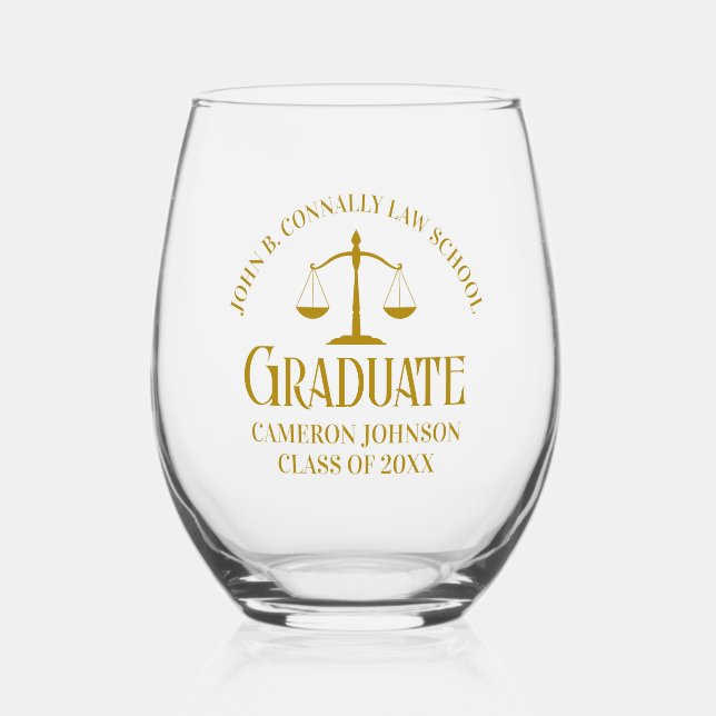 Chic Gold Law School Graduation Keepsake Stemless Wine Glass (Front)