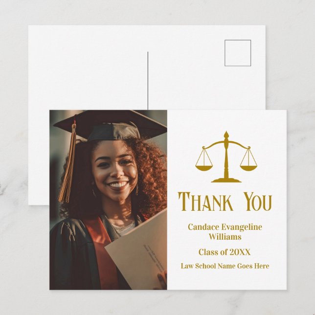 Chic Gold Law School Graduation Photo Thank You Postcard (Front/Back)